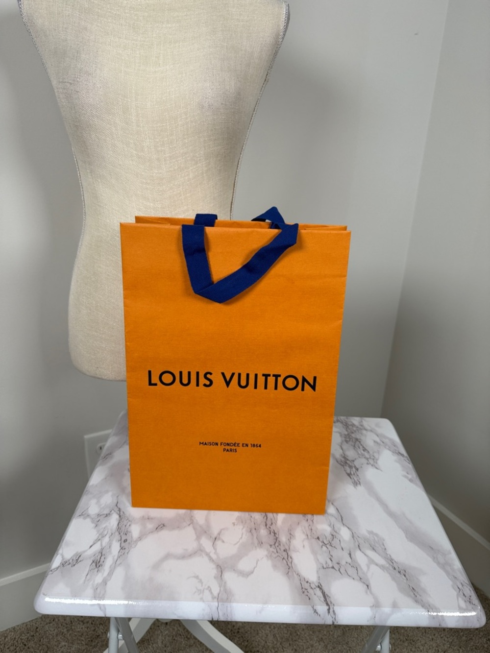 Authentic Louis Vuitton Orange Gift Bag with Blue Ribbon Handles